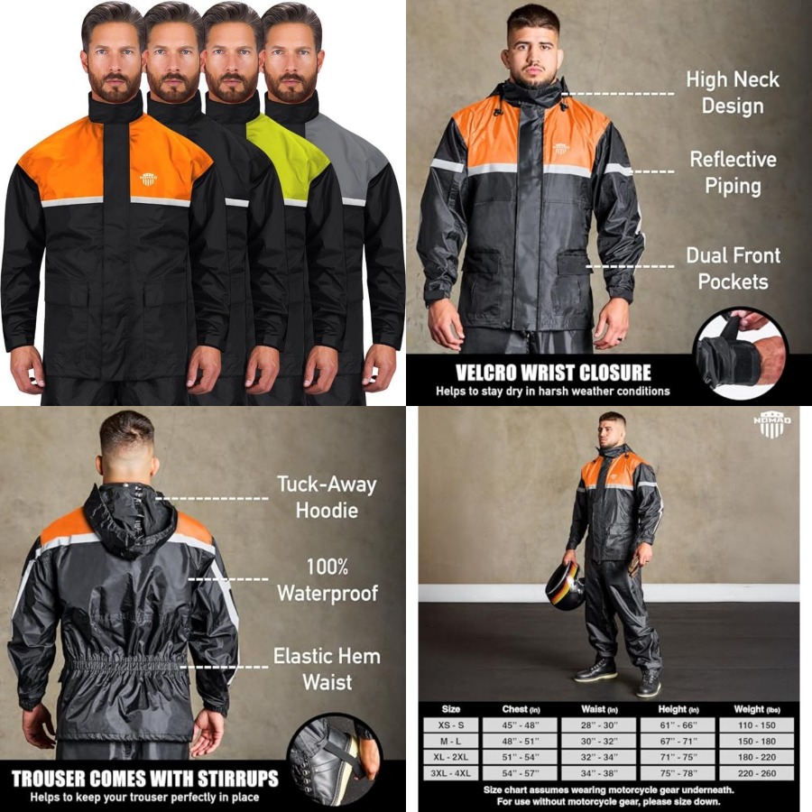Motorcycle Gear Hoodie - ชุดกันฝนสำหรับขี่มอเตอร์ไซค์แบบกันน้ำ 2 ชิ้น พร้อมแถบสะท้อนแสง เสื้อแจ็คเก็ตและกางเกงขี่มอเตอร์ไซค์น้ำหนักเบา เสื้อกันฝนแบบมีฮู้ด