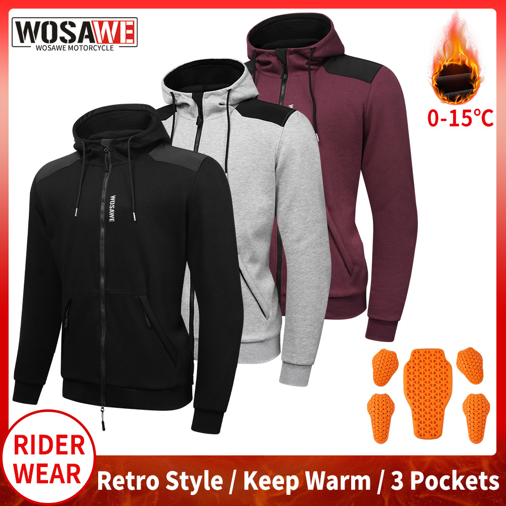 Motorcycle Gear Hoodie - WOSAWE เสื้อแจ็คเก็ตมีฮู้ดสำหรับขี่มอเตอร์ไซค์ เสื้อแจ็คเก็ตกันหนาวสำหรับขี่มอเตอร์ไซค์ เสื้อผ้าสำหรับขี่มอเตอร์ไซค์แบบลำลอง เสื้อกันลมสะท้อนแสงพร้อมเสื้อซับในแบบนุ่ม